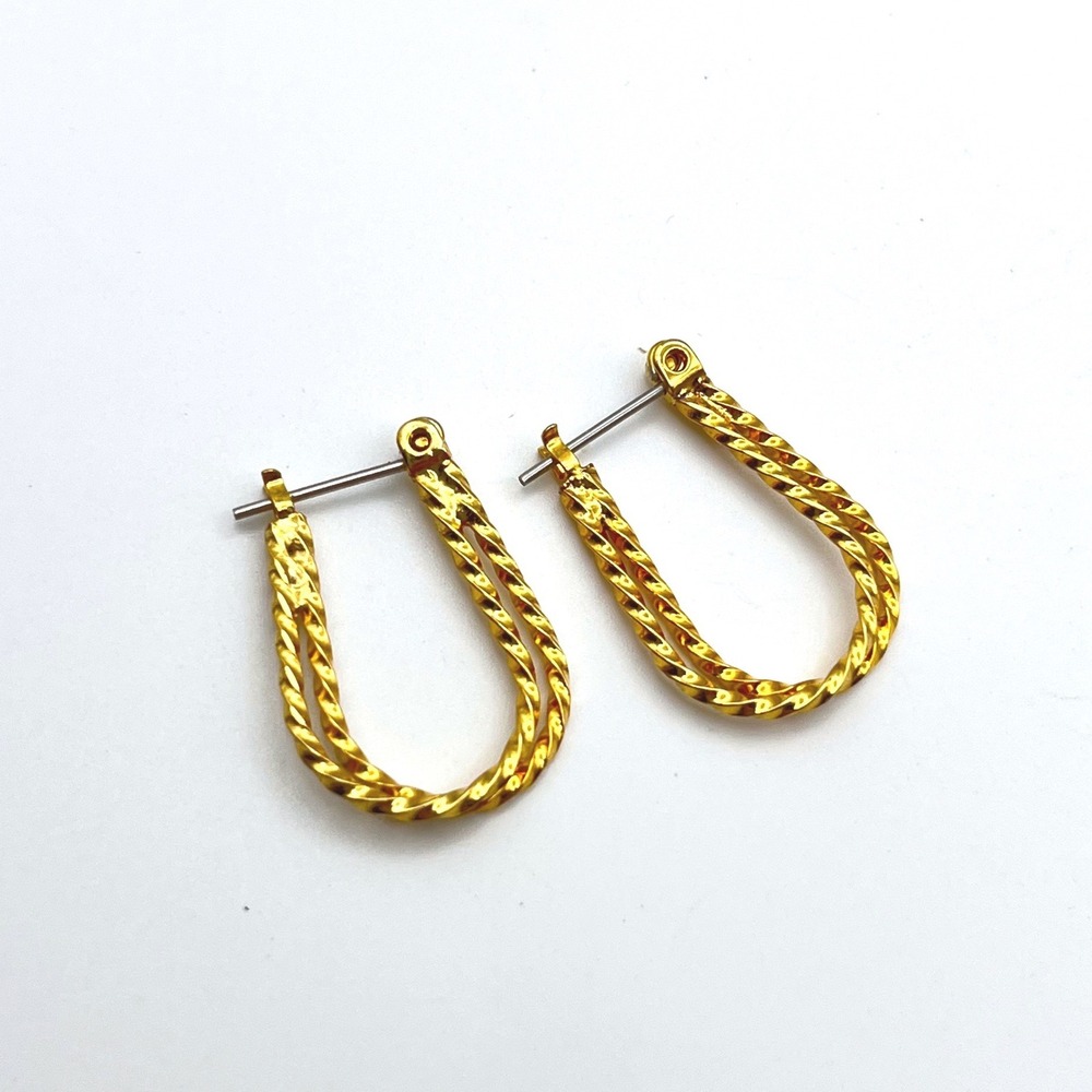 Gold Tone Double Twisted Rope Oval Hoop Earrings Latch Back Textured‎ Elongated